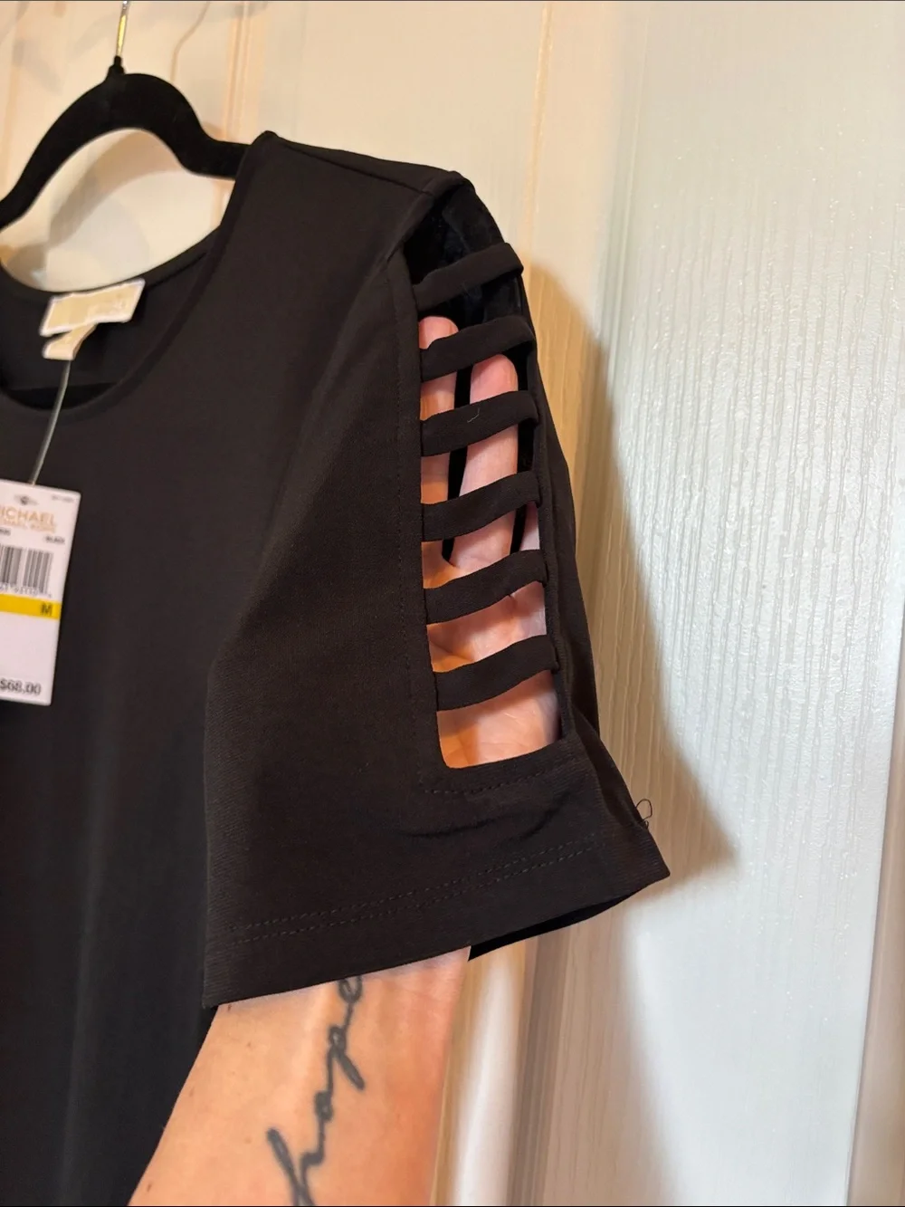 Michael Kors Black Short-Sleeve Top with Ladder Sleeve Detail